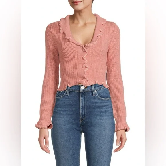 ZARA Pink Ruffle Trim Knit Cardigan Sweater Button Front Size Small - Picture 3 of 11